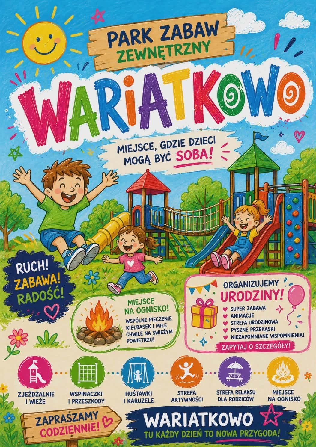 Wariatkowo - park zabaw zewnętrzny, urodziny, atrakcje, miejsce na ognisko i strefa relaksu